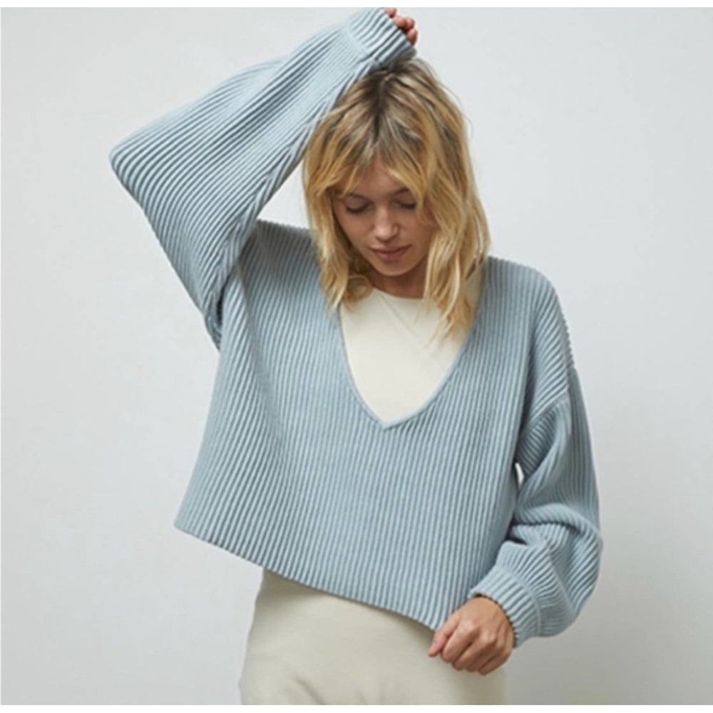 Lunya Women Light Blue Organic Cotton Silk Ribbed Deep V-Neck Cropped Sweater S